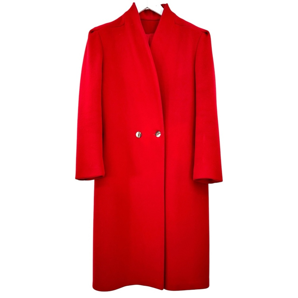 Vintage Central Park Lapelless Stand Collar Red Minimalist Wool Pea Coat Peacoat